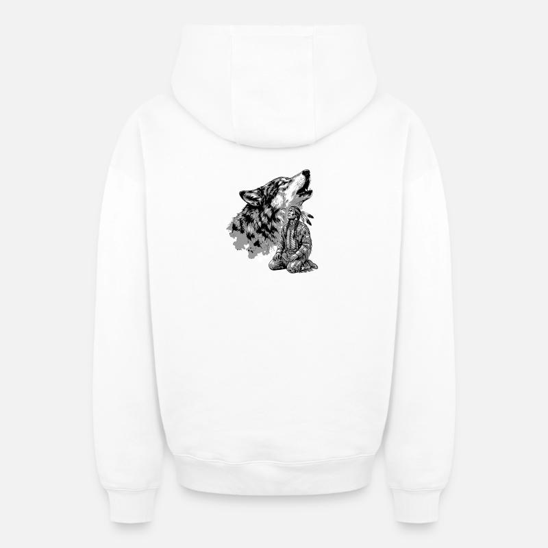 Guerrier indien avec loup hurlant - Sweat à capuche unisexe zippé oversize épais SPREAD - blanc
