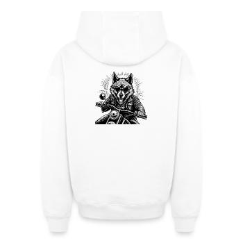 Wolf auf Motorrad Lederjacke Grafik - Oversized Heavyweight Unisex Zip Hoodie - Weiß - Hinten - AI Model Male 178 light (178cm)