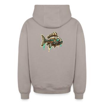 Cybernetic Steampunk Fish - Oversized Heavyweight Unisex Zip Hoodie - taupe - Back - AI Model Male 178 light (178cm)