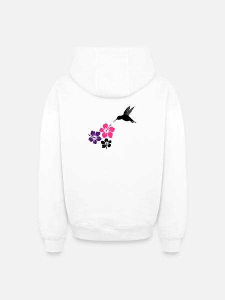 Colibri avec des fleurs d'hibiscus - Sweat à capuche unisexe zippé oversize épais SPREAD - blanc