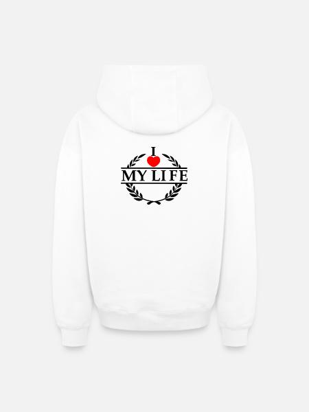 Elsker dit hjerte 020 - Unisex oversize hættetrøje med lynlås i kraftig kvalitet - hvid