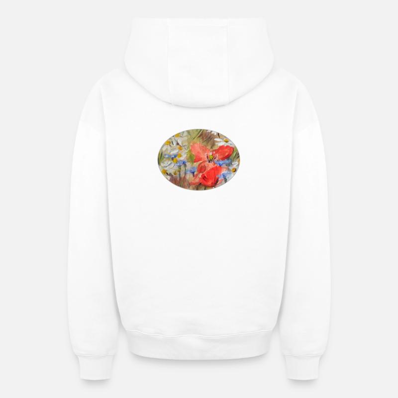 Rote Mohn- und Gänseblümchen-Wiesen-Malerei - Oversized Heavyweight Unisex Zip Hoodie - Weiß