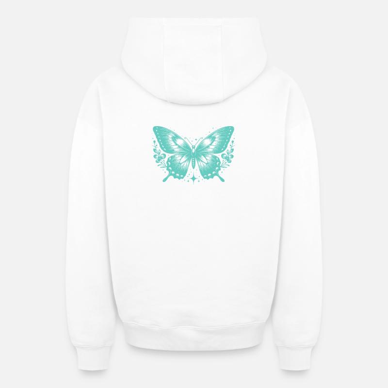 Papillon Turquoise et Fleurs - Sweat à capuche unisexe zippé oversize épais SPREAD - blanc