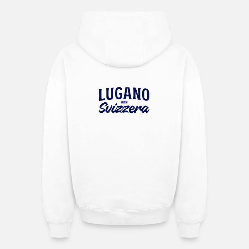 Lugano Svizzera Script Design - Sweat à capuche unisexe zippé oversize épais SPREAD - blanc