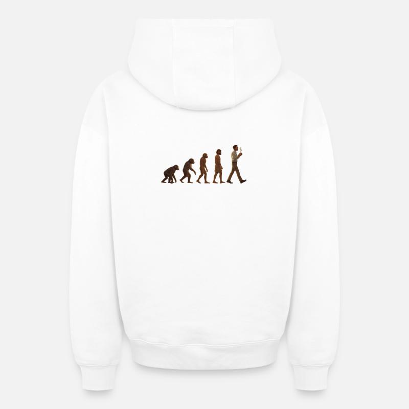 Evolutionsreise: Von Affe zu kaffeetrinkenden Mann - Oversized Heavyweight Unisex Zip Hoodie - Weiß