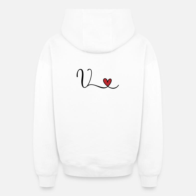 Lettre V Monogramme Cœur Initial - Sweat à capuche unisexe zippé oversize épais SPREAD - blanc