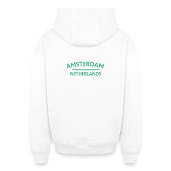 Textdesign Amsterdam – Pays-Bas - Sweat à capuche unisexe zippé oversize épais SPREAD - blanc - Dos - AI Model Male 178 light (178cm)