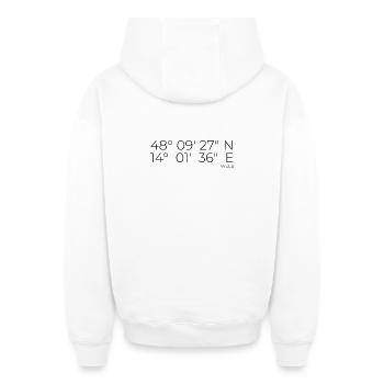Coordonnées Wels, Autriche - Sweat à capuche unisexe zippé oversize épais SPREAD - blanc - Dos - AI Model Male 178 light (178cm)