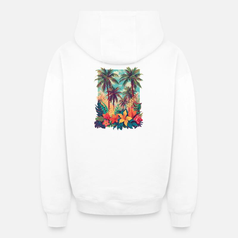 Plage des Fleurs Tropicales - Sweat à capuche unisexe zippé oversize épais SPREAD - blanc