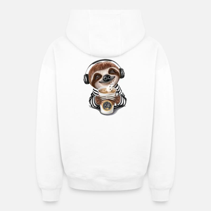 Drôle sloth Coffee Headphone Music - Sweat à capuche unisexe zippé oversize épais SPREAD - blanc