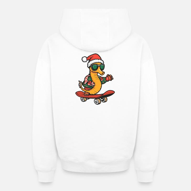 Hippocampe Noël Drôle - Sweat à capuche unisexe zippé oversize épais SPREAD - blanc