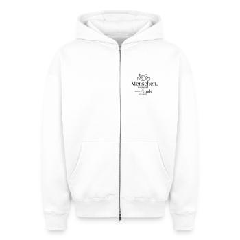Menschen, weigert euch, Feinde zu sein! - Oversized Heavyweight Unisex Zip Hoodie - Weiß - Vorne - AI Model Female 172 dark (172cm) & AI Model Male 178 light (178cm)
