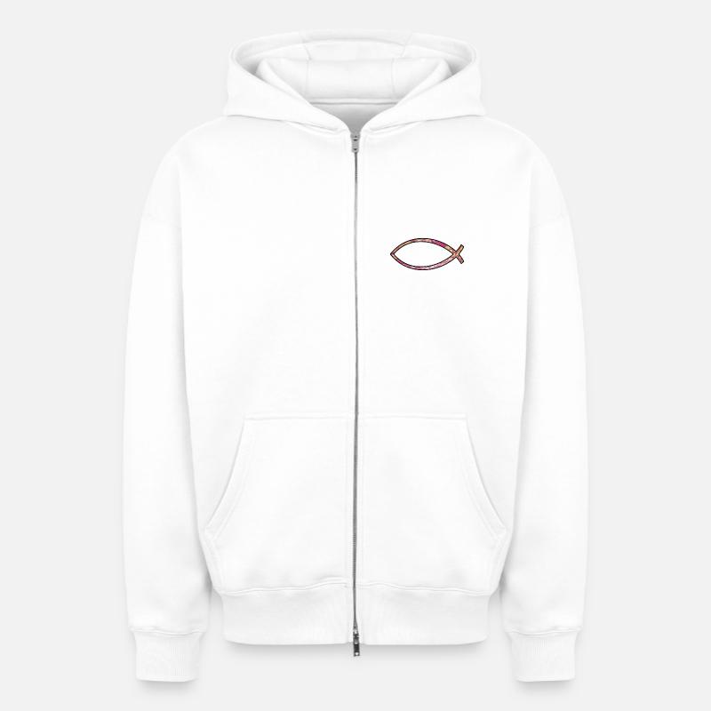 Poisson Ichtus (diamant, rose) - Sweat à capuche unisexe zippé oversize épais SPREAD - blanc