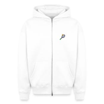Tennisschläger - Oversized Heavyweight Unisex Zip Hoodie - Weiß - Vorne - AI Model Female 172 dark (172cm) & AI Model Male 178 light (178cm)