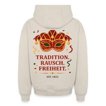Tradition. Rausch. Freiheit. – Karnevalsmaske - Oversized Heavyweight Unisex Zip Hoodie - Beige - Hinten - AI Model Male 178 light (178cm)