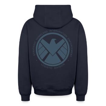 Avengers Iron Man Emblem Stark Industries - Oversized Heavyweight Unisex Zip Hoodie - Navy - Hinten - AI Model Male 185 dark (185cm)