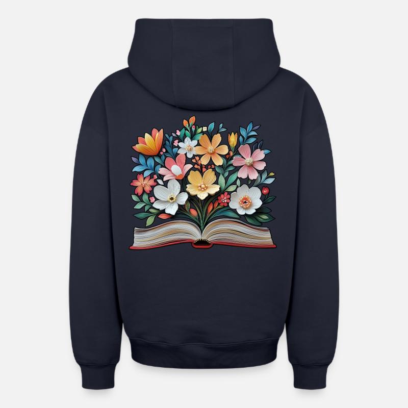 Livre et fleurs - Sweat à capuche unisexe zippé oversize épais SPREAD - bleu marine