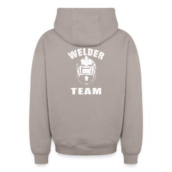 Welder Team Design - Oversized Heavyweight Unisex Zip Hoodie - Taupe - Hinten - AI Model Male 178 light (178cm)