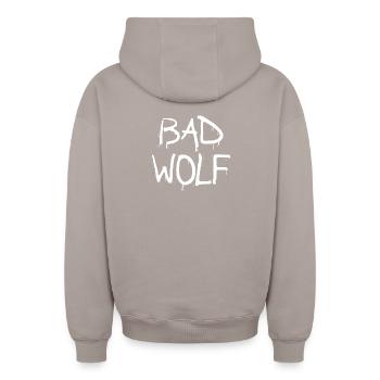 Méchant loup - Sweat à capuche unisexe zippé oversize épais SPREAD - taupe - Dos - AI Model Male 178 light (178cm)