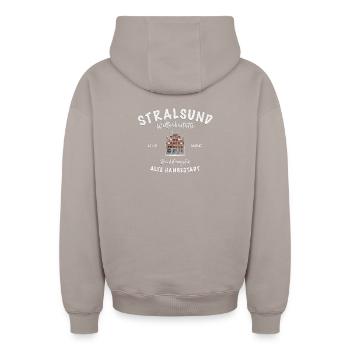 Stralsund, Vieille ville, Dessin Wulflamshaus - Sweat à capuche unisexe zippé oversize épais SPREAD - taupe - Dos - AI Model Male 178 light (178cm)
