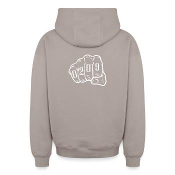 Gelsenkirchen Ruhrpott Vorwahl 0209 Hoodie - Oversized Heavyweight Unisex Zip Hoodie - Taupe - Hinten - AI Model Male 178 light (178cm)