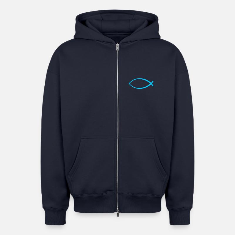 Ichtus poisson bleu clair - Sweat à capuche unisexe zippé oversize épais SPREAD - bleu marine