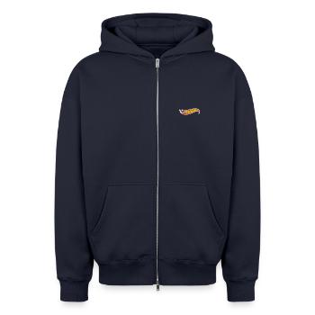 Hot Wheels Logo Broderie Design - Sweat à capuche unisexe zippé oversize épais SPREAD - bleu marine - Devant - AI Model Female 172 light (172cm) & AI Model Male 185 dark (185cm)