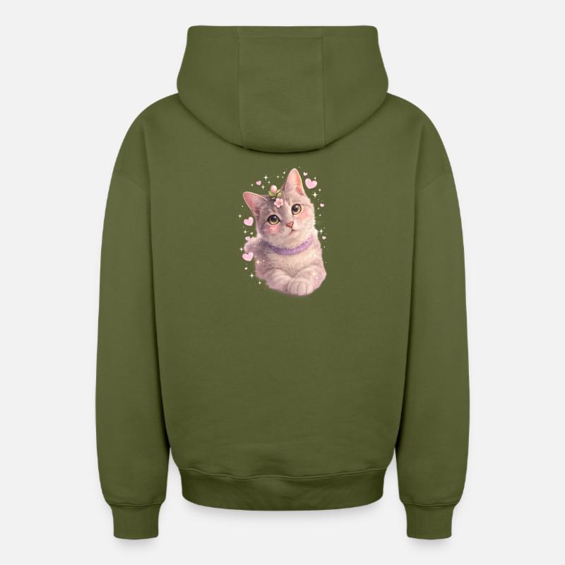 Chaton fleuri - Sweat à capuche unisexe zippé oversize épais SPREAD - kaki