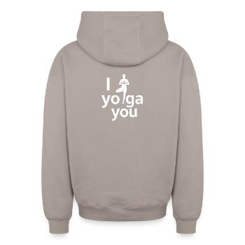 I Yoga You – Yoga Humor - Oversized Heavyweight Unisex Zip Hoodie - Taupe - Hinten - AI Model Male 178 light (178cm)