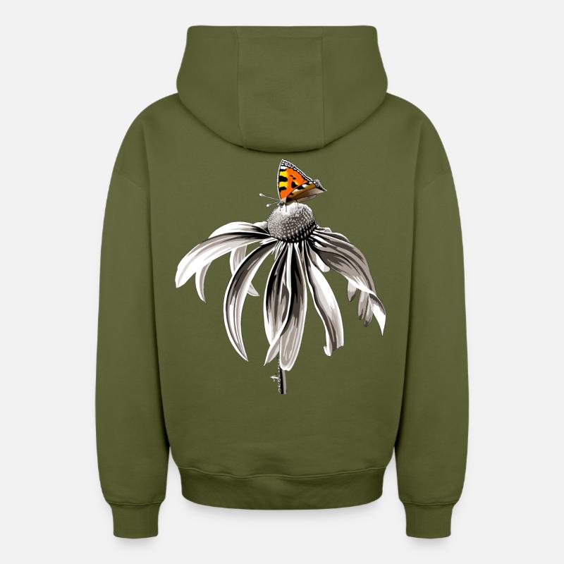 Fleur noire et blanche avec petit renard papillon - Sweat à capuche unisexe zippé oversize épais SPREAD - kaki