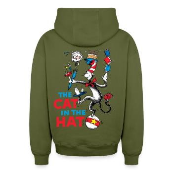 Cat In The Hat Juggling Fun Design - Oversized Heavyweight Unisex Zip Hoodie - khaki - Back - AI Model Male 185 dark (185cm)