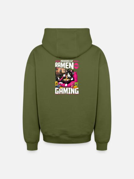 Gamer Gaming Cat Ramen Video Game - Oversized Heavyweight Unisex Zip Hoodie - khaki