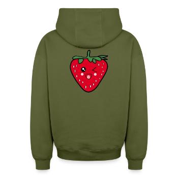 Drôle de cadeau Kawaii pour un design alimentaire à la fraise - Sweat à capuche unisexe zippé oversize épais SPREAD - kaki - Dos - AI Model Male 185 dark (185cm)