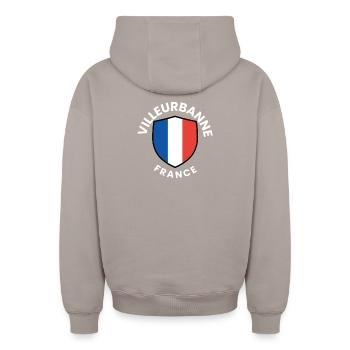 Design des französischen Flaggenschildes - Oversized Heavyweight Unisex Zip Hoodie - Taupe - Hinten - AI Model Male 178 light (178cm)