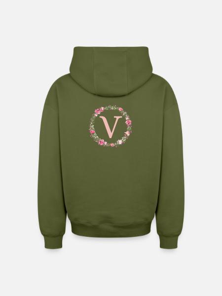 V Monogram, Flower Wreath, Personalizable - Oversized Heavyweight Unisex Zip Hoodie - khaki