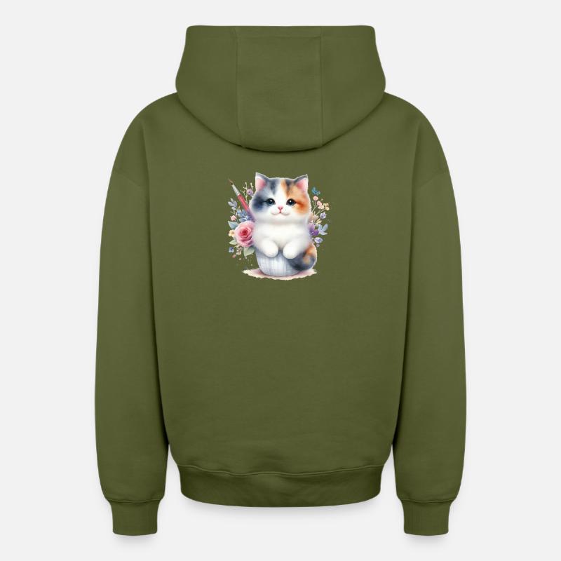 Chat mignon - Sweat à capuche unisexe zippé oversize épais SPREAD - kaki