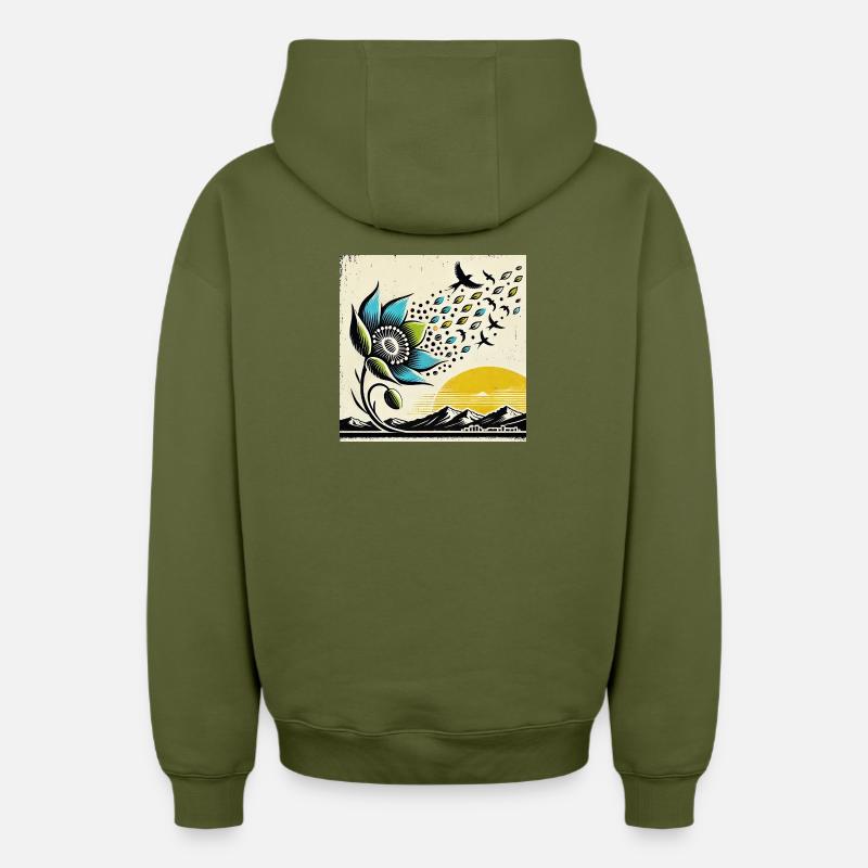 Migration des oiseaux - Sweat à capuche unisexe zippé oversize épais SPREAD - kaki