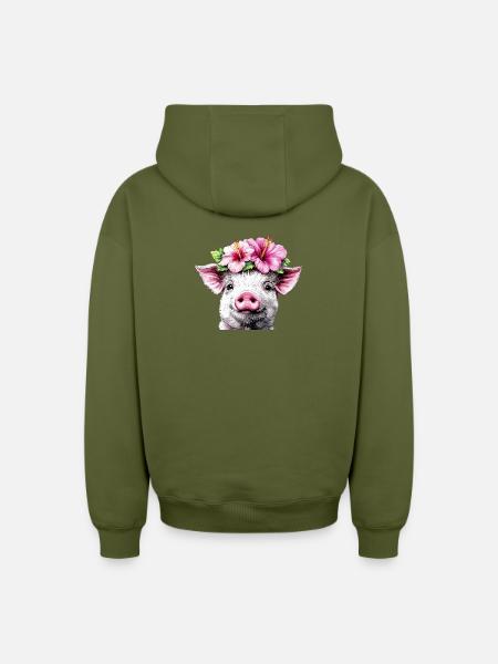 Cochon à couronne d’hibiscus - Sweat à capuche unisexe zippé oversize épais SPREAD - kaki