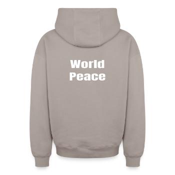 Paix Mondiale en Typographie Grasse - Sweat à capuche unisexe zippé oversize épais SPREAD - taupe - Dos - AI Model Male 178 light (178cm)