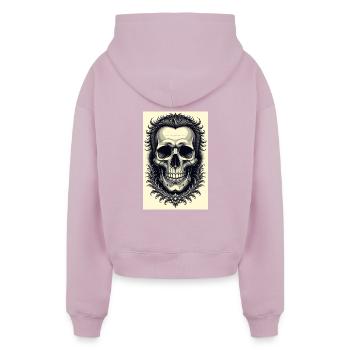 Skull frame ornament with floral frieze - Cropped Oversized Heavyweight Women's Hoodie - taupe - Back - AI Model Female 172 light (172cm)