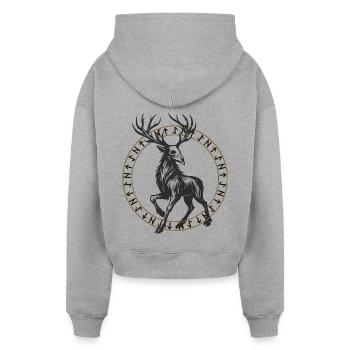 Mystic deer in the golden Nordic runic circle - Cropped Oversized Heavyweight Women's Hoodie - heather grey - Back - AI Model Female 172 dark (172cm)