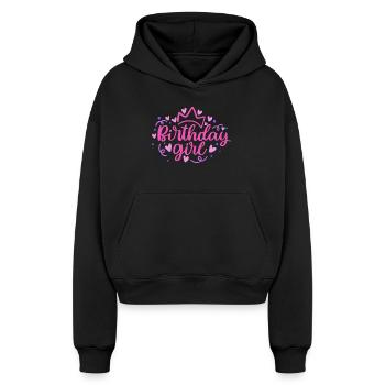 Birthday Girlie with Crown Heart Confetti - Cropped Oversized Heavyweight Women's Hoodie - black - Front - AI Model Female 172 light (172cm)