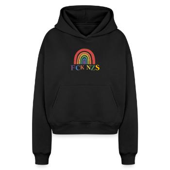FCK NZS - Cropped Oversized Heavyweight Frauen Hoodie - Schwarz - Vorne - AI Model Female 172 light (172cm)