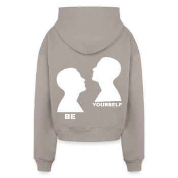 Be Yourself – Minimalist Motif - Cropped Oversized Heavyweight Women's Hoodie - taupe - Back - AI Model Female 172 light (172cm)