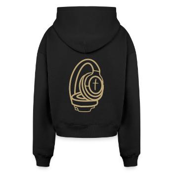 Kopfhörer mit Kreuz - Cropped Oversized Heavyweight Frauen Hoodie - Schwarz - Hinten - AI Model Female 172 dark (172cm)