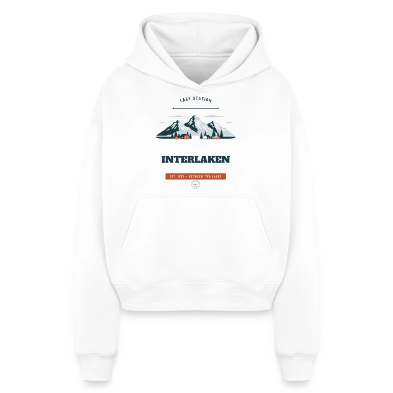 Interlaken badge on a cropped oversized heavyweight women's hoodie