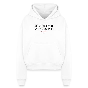 Coordonnées du lettrage rouge Milano - Sweat à capuche cropped oversize femme SPREAD - blanc - Devant - AI Model Female 172 dark (172cm)