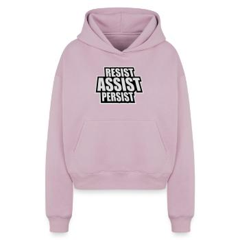 Resist Assist Persist Aktivismus Motivation Logo - Cropped Oversized Heavyweight Frauen Hoodie - Taupe - Vorne - AI Model Female 172 light (172cm)