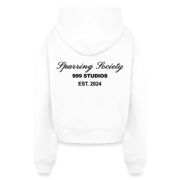 Sparring Gesellschaft Weißer Druck - Cropped Oversized Heavyweight Frauen Hoodie - Weiß - Hinten - AI Model Female 172 light (172cm)