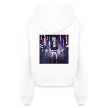 Nachtfuchs in Neonstadt - Cropped Oversized Heavyweight Frauen Hoodie - Weiß - Hinten - AI Model Female 172 light (172cm)